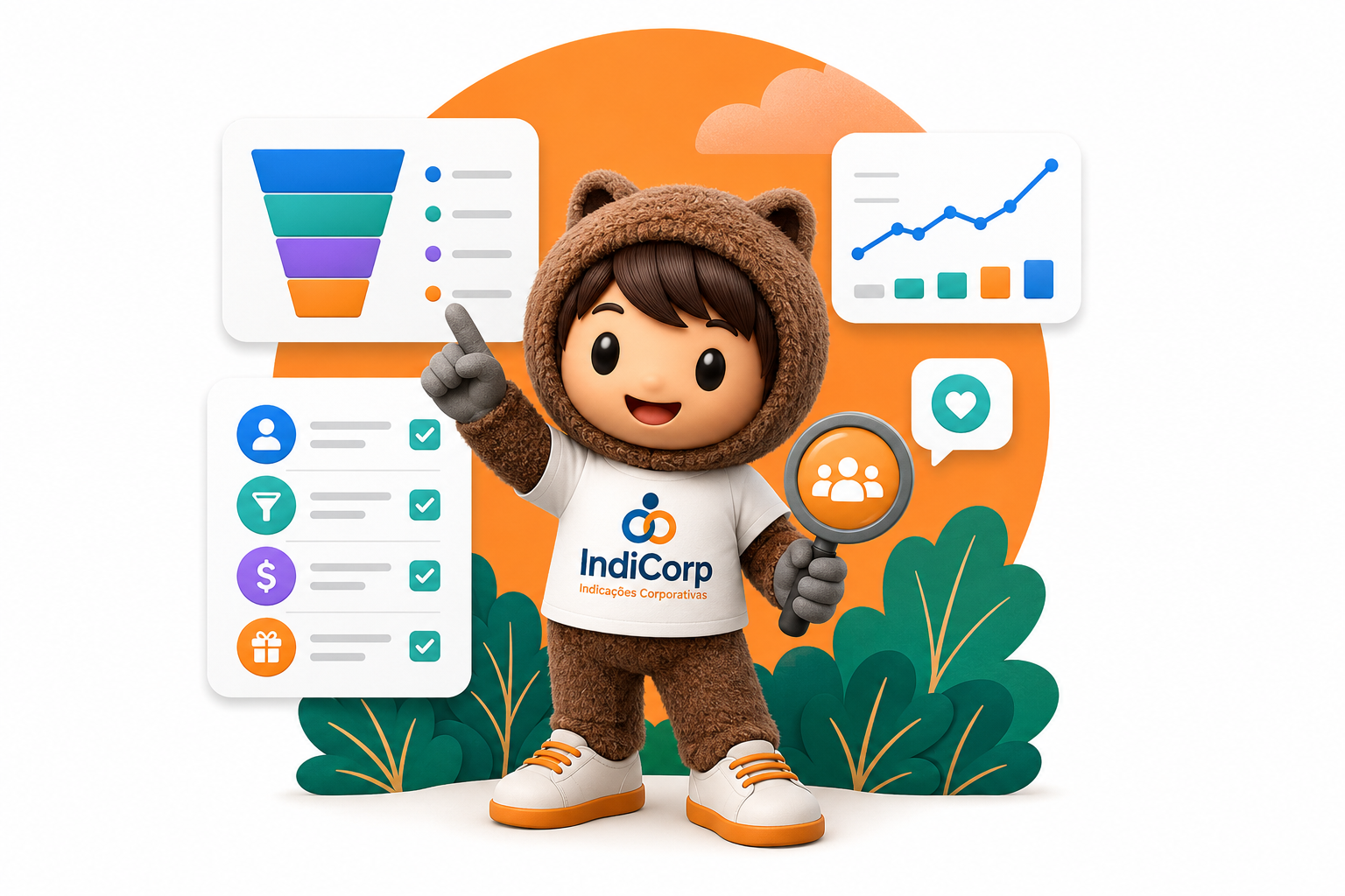 Mascote IndiCorp segurando uma lupa, com painéis de funil, indicadores e resultados